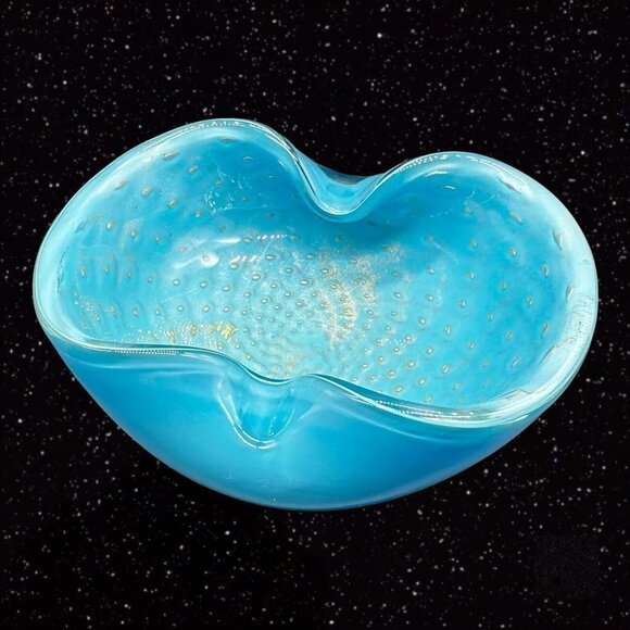 Murano Mid Century Art Glass Bowl Ashtray Blue Gold Aventurine Glitter 5”W 2”T - Picture 4 of 12